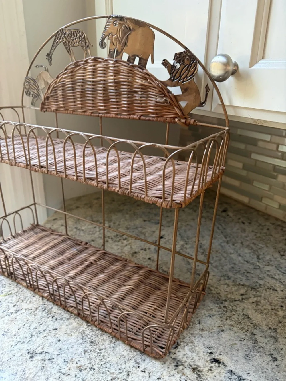 Vintage 2 tier Wicker Rattan and Metal Shelf Safari animal theme
